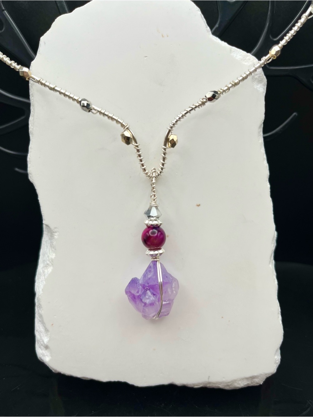 Handmade Purple Amethyst Pendant Necklace with Pink Agate Accent